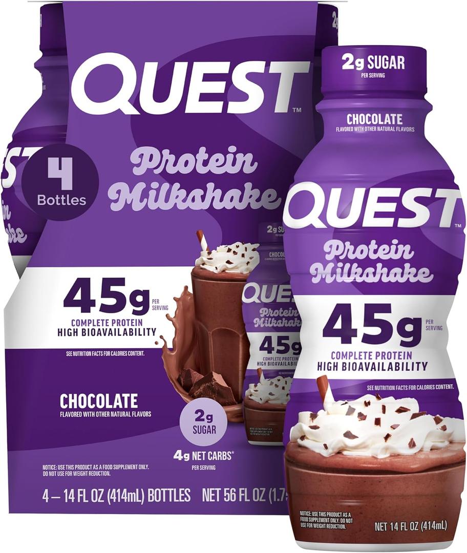 Quest Nutrition Chocolate Protein Shake, 45g Protein, 2g Sugar, 4g Net Carbs, Ready to Drink, Gluten Free, 4 Count (EXP 12/20/26)