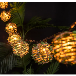 Decorative Lantern String Lights, Outdoor Plug in Hanging Lights with 10 Natural Hemp Rope Leaf Balls, Connectable Weatherproof Patio Globe Boho String Lights for Home Pergola Porch Party Backyard