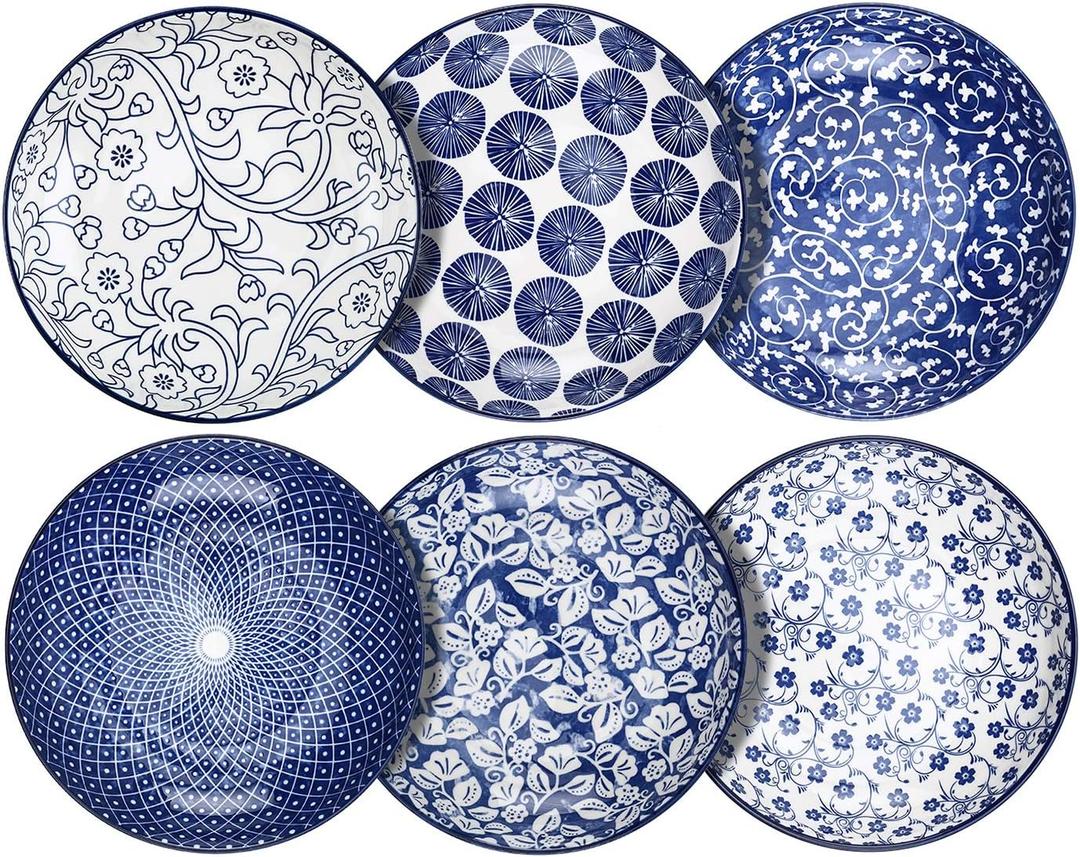 Selamica Porcelain Salad Pasta Bowls, Serving bowls, Microwave & Dishwasher Safe, Sturdy & Stackable - 26 Ounce, Set of 6, Vintage Blue