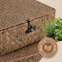 Elsjoy 2 Pack Flat Seagrass Storage Bins with Lid, Wicker Woven Storage Basket Set, Rattan Organizer Bins for Shelf, Closet, Bedroom