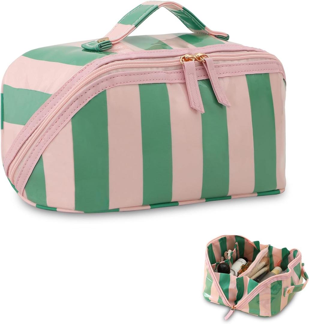 DYSHAYEN Stripe Travel Makeup Bag with Compartments Clear Coated Cosmetic Bag for Women, Waterproof Portable Open Flat Toiletry bag Pink-Green