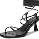 ISNOM Strappy Sandals for Women Kitten Heels Lace Up Heels Stiletto Heels Wrap Around Heels with Square Toe Size 6