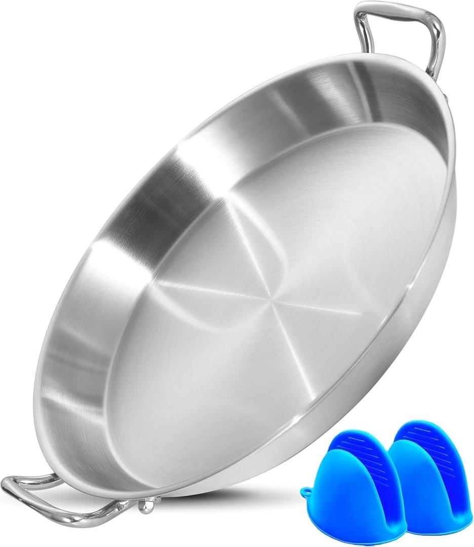 14 Inch Paella Pan, Tri-ply Stainless Steel Induction Compatible Large Spanish Rice Pan, Great for Spanish Rice, Seafood Paella, Authentic Paella, Socarrat, Oven Safe, 5-8 Servings, Detachable Handles