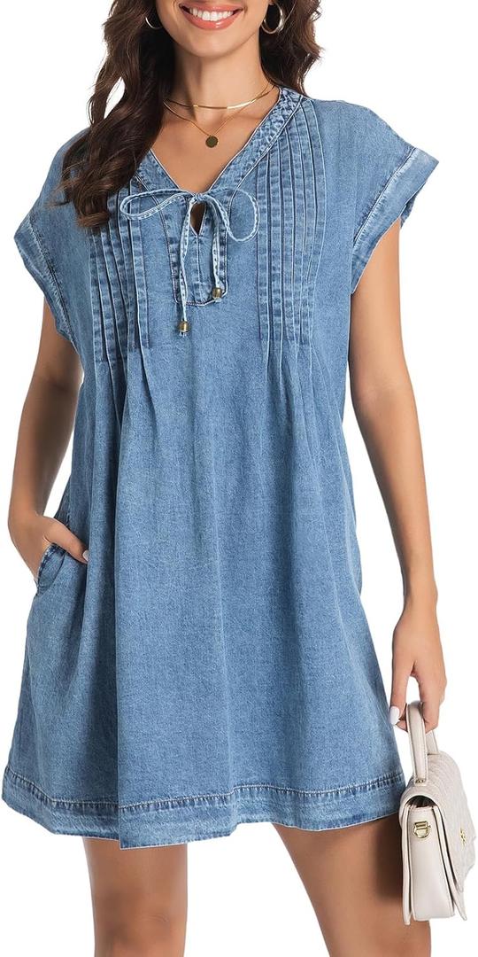 Womens Denim Romper 2025 Jean Dress V Neck Shorts Sleeves Tie Front Ruffle Overall Dress with Pockets (Blue, S)