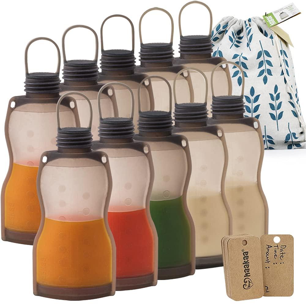haakaa Breastmilk Storage Bags Silicone Milk Storage Bags for Breastfeeding Reusable & Leakproof, 9oz/260ml, 10 PK (Gray)