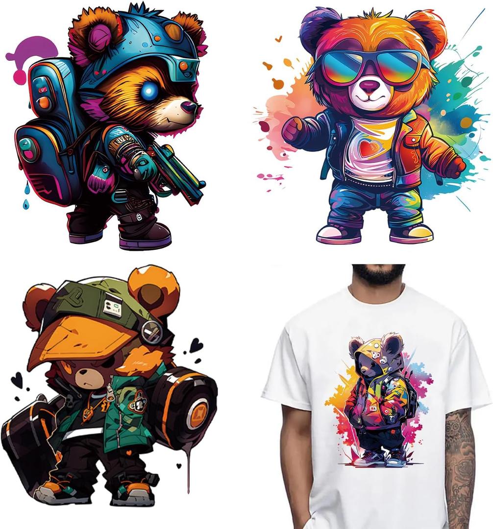 8 x 4 Sheets Bear Iron on Transfers Patches Stickers for Clothing Designs Cool Bear Iron on Patches Decals DIY Cartoon Animal Graffiti Heat Vinyl Transfer Stickers for T Shirts Bag DIY Crafts Decorative
