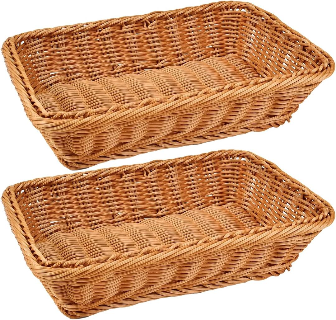 2 Pack 12" Rectangular Poly Wicker Bread Baskets, Durable Woven Serving Basket for Fruits, Vegetables Bread Indoor/Outdoor Use in Kitchen, Home, Restaurant