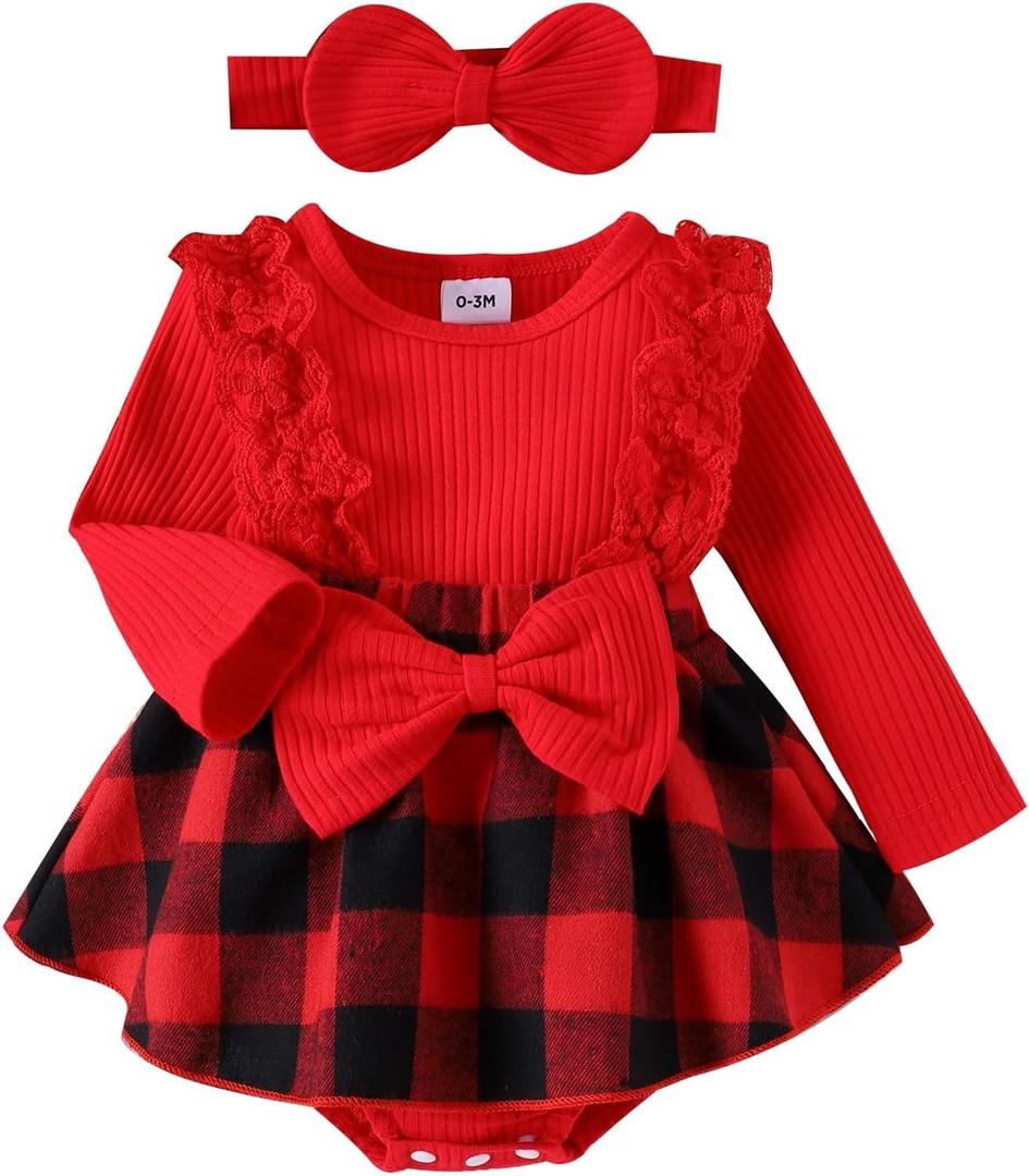 Baby Girl Clothes Fall Winter Outfit Plaid Romper Long Sleeve Dress Lace Ruffles Bodysuit with Bow Headband (9-12 Months, Red)