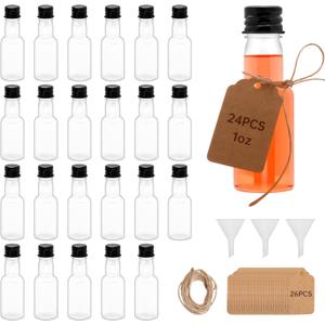 24Pcs Plastic Mini Liquor,Thick neck Empty Spirit Bottles with Black Screw Cap,Reusable Plastic Alcohol Shot Bottles for Baby Shower,Party,Weddings (24, PC, Round, 1, ounces)