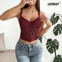 LEACOOLKEY Lace Corset Top for Women Sexy Sheer Floral Bustier Going Out Lace-up Bralette Club Party Concert Crop Top (L)
