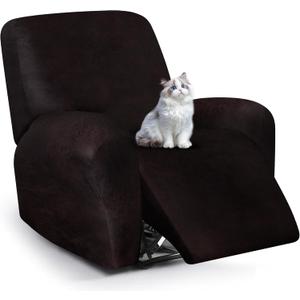 Leather Look Recliner Chair Covers, 4-Pieces Stretch Recliner Cover, Soft Reclining Chair Slipcover, Washable Furniture Protector for Large Lazy Boy Recliner (1 XL Seater, Chocolate)
