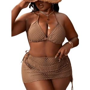 SOLY HUX Women's 3 Piece Swimsuits Plus Size Halter Triangle Tie Side Bikini Sets Bathing Suit with Beach Skirt (XX-Large Plus, Pure Coffee Brown)