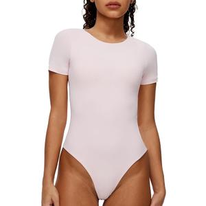 NANJI Short Sleeve Bodysuit for Women - Crew Neck Slim Fit Thong Body Suit, Stretch Double Lined Snap Tops, Casual Going Out Medium