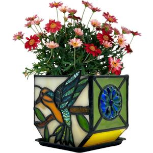 Handcrafted Stained Glass Hummingbird Planter, Indoor Decorative Flower Pot with Drainage, Planters for Indoor Plants,Garden Home Decor