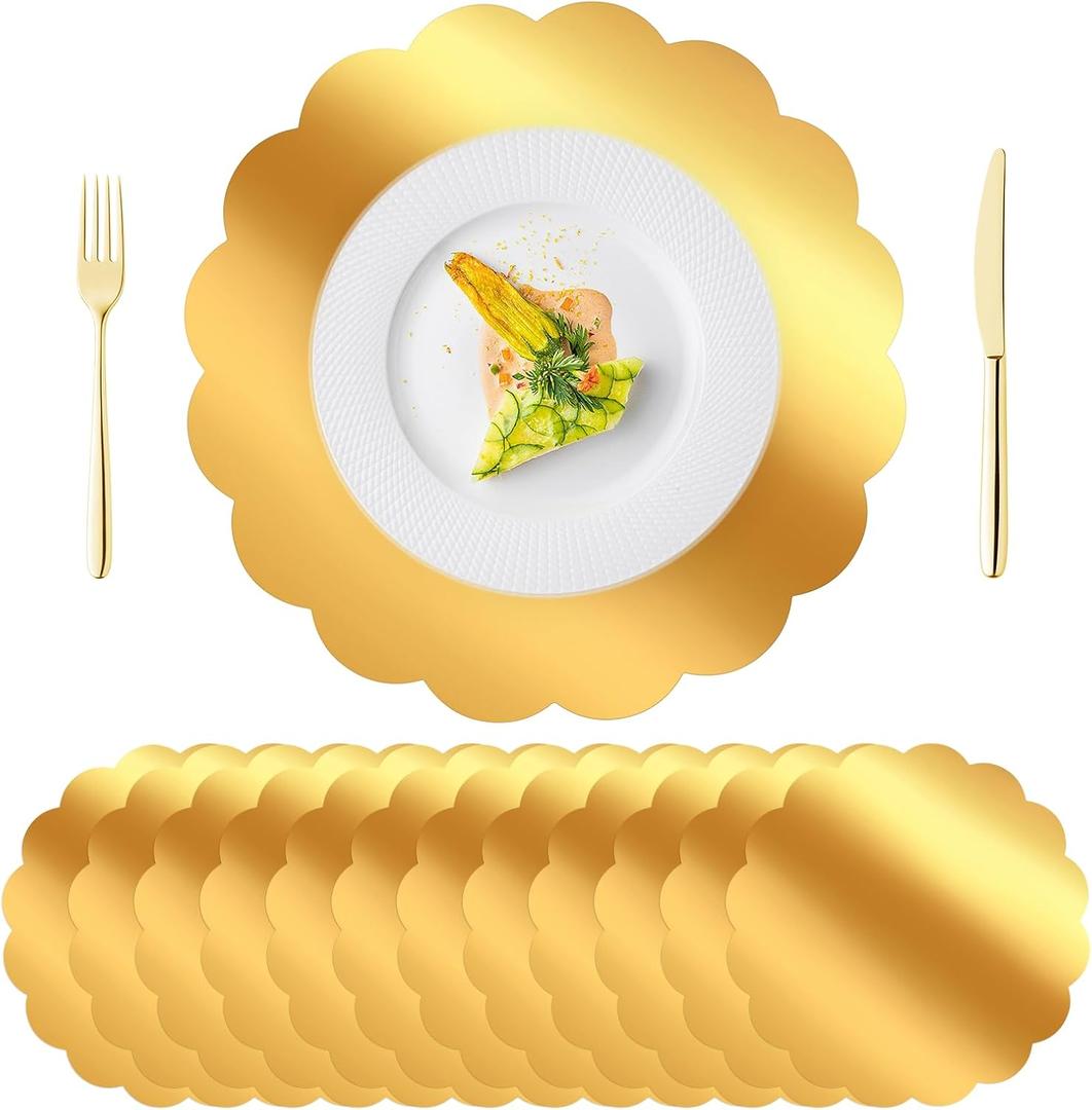DI QIU REN 100 PCS Scalloped Gold Placemats, 13.5" Disposable Paper for Dining Table, Mirrored Gold Chargers Place Mats for Birthday Banquet, Party, Holiday, Wedding