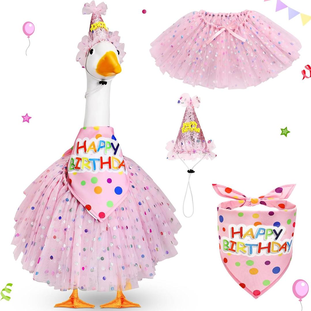3 Pcs Birthday Porch Goose Outfit for 23" /17" Cement Lawn Goose Clothes Happy Birthday Hat and Tutu Skirt Bandana(Pink)