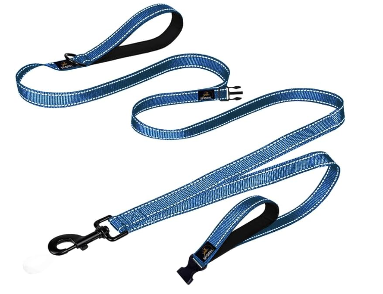 Double Handle Dog Leash Heavy Duty, Built-in Elastic Two Handle Dog Leash, Child Co Walk Shock Absorber Training Dog Leash with Reflective Stitching for High Visibility in Low Light Condition, Blue
