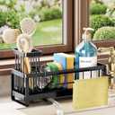 SWTYMIKI Sponge Holder for Kitchen Sink - Sink Caddy with Brush Holder Self-draining Sponge Caddy Organizer with Divider Stainless Steel Kitchen Accessories Storage for Countertop, Black (Medium)