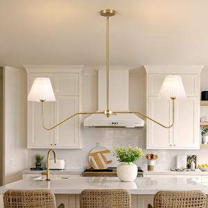 2-Lights Linear Kitchen Island Lighting Fixture, Modern Chandelier for Dining Room Light Fixtures Over Table,Gold Pendant Lighting with White Pleated Shade for Dining Table (Gold)