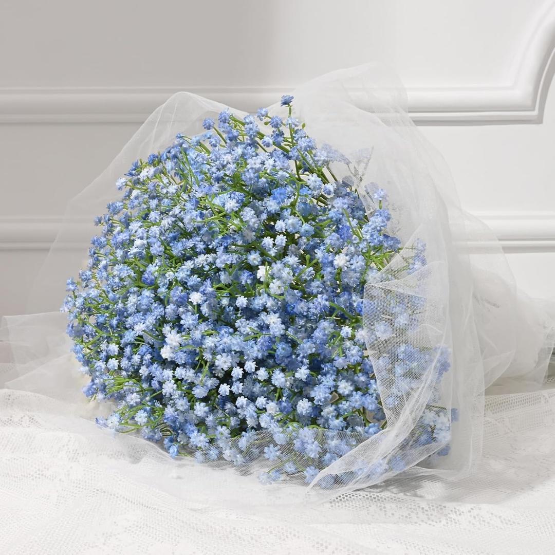 Dolicer 30 Pcs Babys Breath Artificial Flowers, Blue Long Stem Baby Breath Flowers Artificial Bulk, Real Touch Fake Babys Breath Gypsophila for Wedding Bridal Bouquet Party Arrangements Home Decor