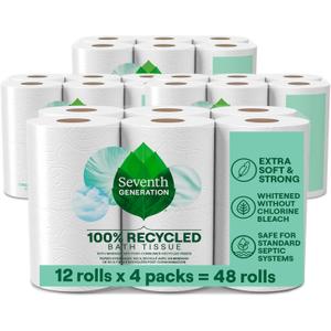 Seventh Generation Toilet Paper Recycled Bath Tissue 4-Pack 100% Recycled Paper 2-ply without Chlorine Bleach 12 Rolls