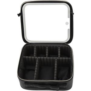 Travel Makeup Bag With LED Mirror, Portable Charging 3 Color Makeup Organizer Bag, Adjustable Brightness Cosmetic Train Case with DIY Dividers, for Women and Makeup Artists, Black