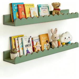 Nursery Book Shelves 20Inches, Scalloped Floating Shelves for Bedroom Kids, Nursery Shelves for Wall 2 Pack, Scalloped Shelf for Toddler Room, Baby Room, Sage, Large, 20 Inches / Set of 2