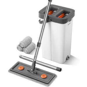 MOPALL Mop and Bucket with Wringer Set for Home, Flat Mop and Bucket Set with 3 Washable Microfiber Pads, Wet and Dry Mop with Long Handle, Wall Cleaner for All Floor Types and Windows