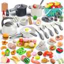130Pcs Kitchen Playset, Toddler Pretend Cooking Play Pots, Pans, Utensils Cookware, Daily Food Fruit Veges, Shopping Storage Basket, Dessert, Prop Money, Learning Gift for Child (White)