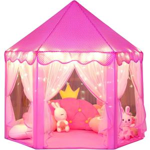 Wilwolfer Princess Castle Play Tent for Girls Large Kids Play Tents Hexagon Playhouse with Star Lights Toys for Children Indoor Games (Pink)