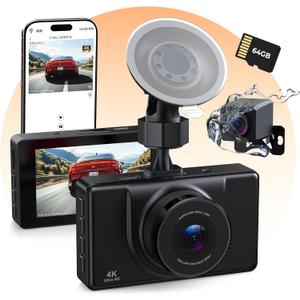 4K Dash Cam Front and Rear, 64GB Card Included, 4K+1080P Dual Dash Camera for Cars with WiFi App, Super Capacitor, WDR Night Vision, 3" IPS Screen, 170 Wide Angle, 24H Parking Mode, G-Sensor (Black)
