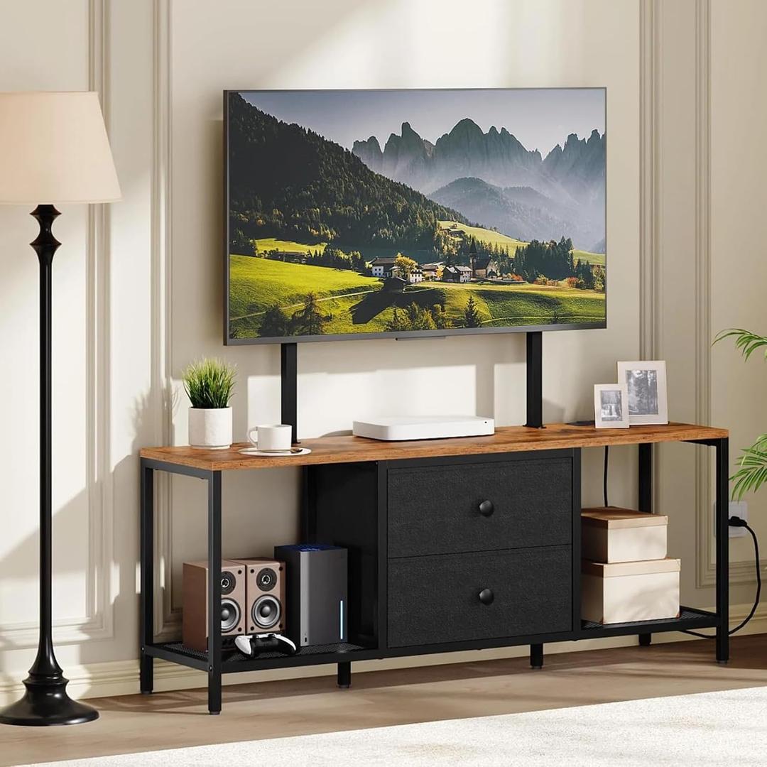 MAHANCRIS TV Stand with Mount, for 32''-55'' TV, Entertainment Center with Power Outlet and Fabric Drawers, TV Media Console with ON/Off Power Switch, for Living Room, Rustic Brown TVBK39E01