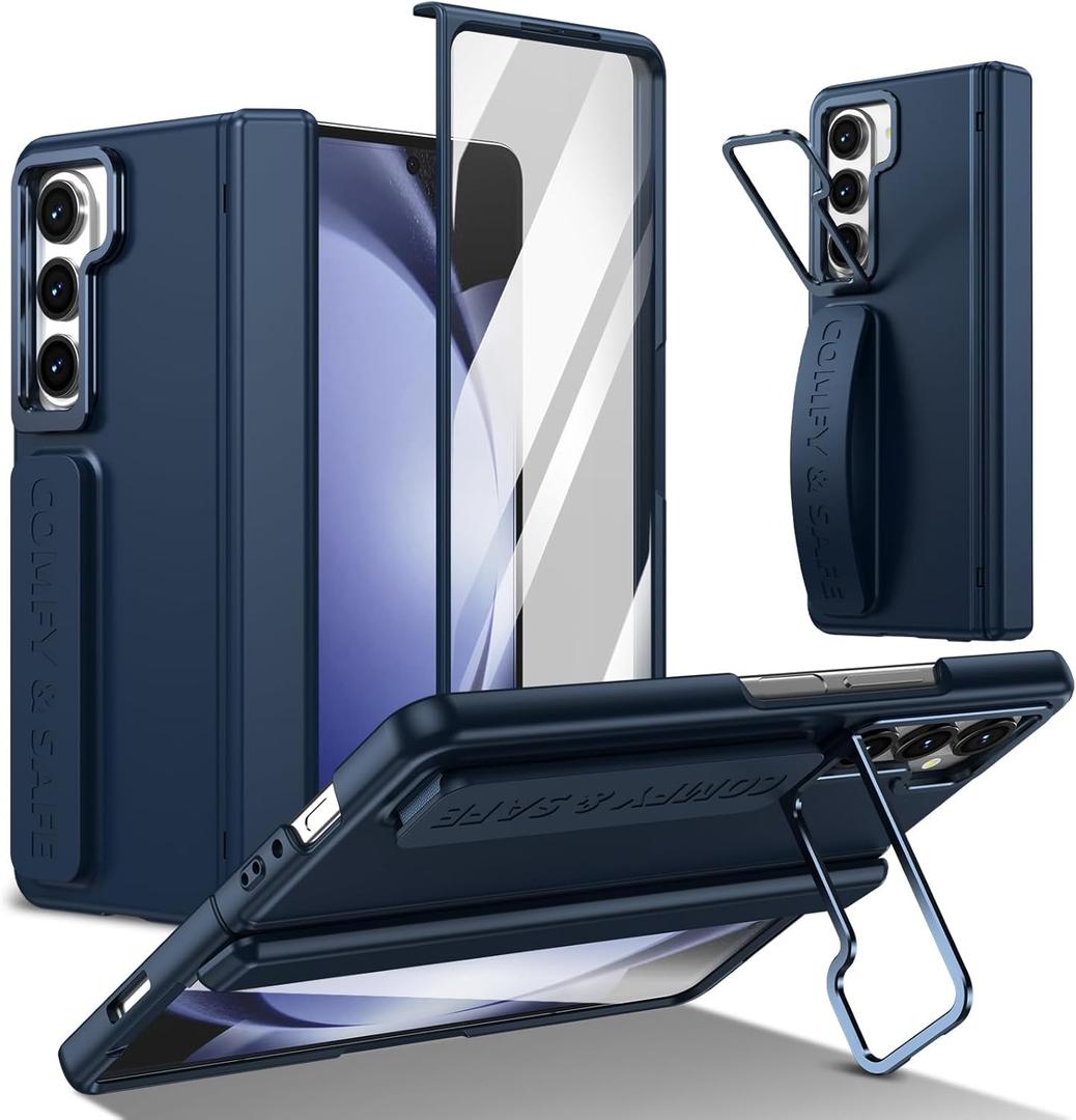for Samsung Galaxy Z Fold 5 Hand Strap Case, Built-in Screen Protector & Hinge Protection & Camera Cover Kickstand, Military Grade Full Body Shockproof Protective, Blue