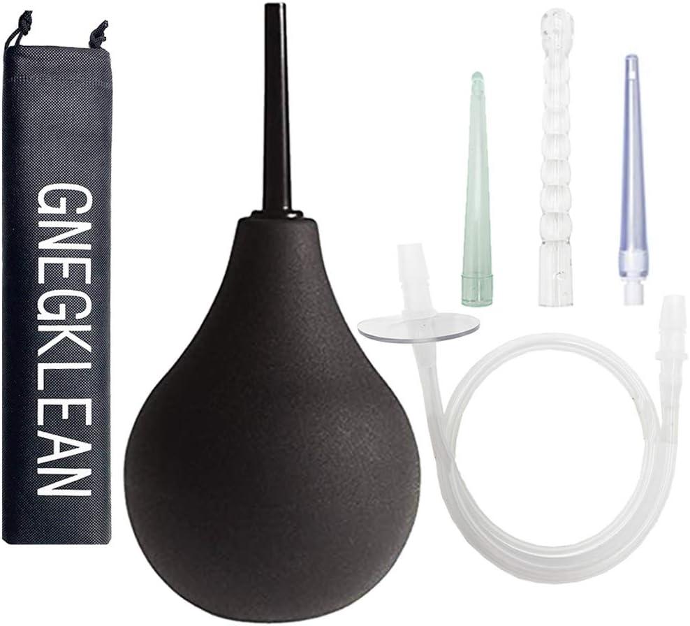 GNEGKLEAN Black Silicone Enema Bulb Kit 7.6oz Clean Anal Douche for Men Women with 19.7in Hose+4 Replaceable Nozzle (Black) (7 Piece Set)