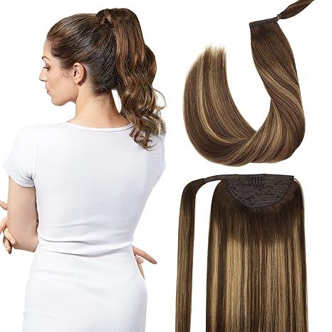 Long Straight Wrap Around Clip in Handmade Real Human Hair for Women,Hair Piece Pony Tail Hair Extensions Hairpieces for Girls,Chocolate Brown