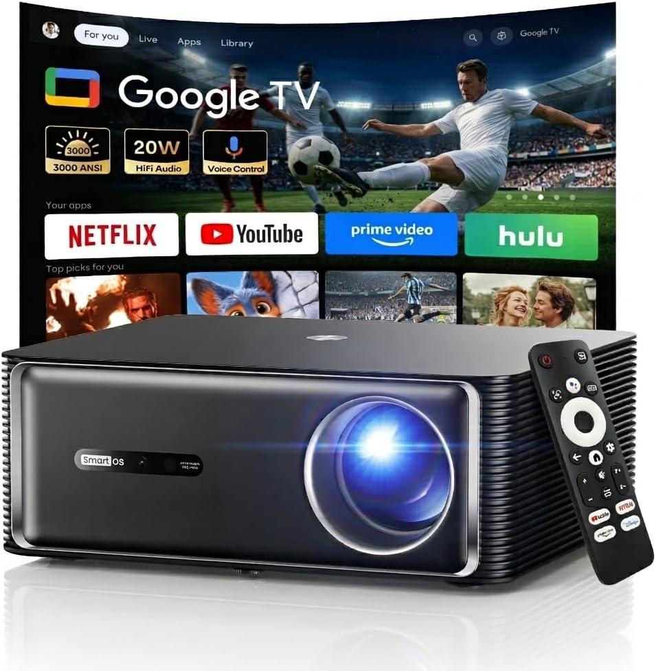 3000 ANSI Google TV Smart Projector - 4K Projector with WiFi and Bluetooth, 20W HiFi Speakers Outdoor Movie Proyector, Auto Focus & Keystone Projector for Home Theater Indoor