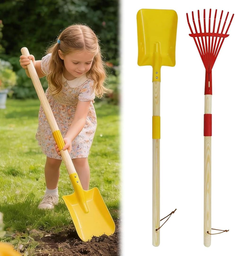 2 Pcs Kids Rake and Shovel Set,28" Toddler Size Metal Snow Shovel & Leaves Rake with Wooden Handle, Real Gardening Tools for Child Age 3 for Little Helpers in Winter Yard Fun