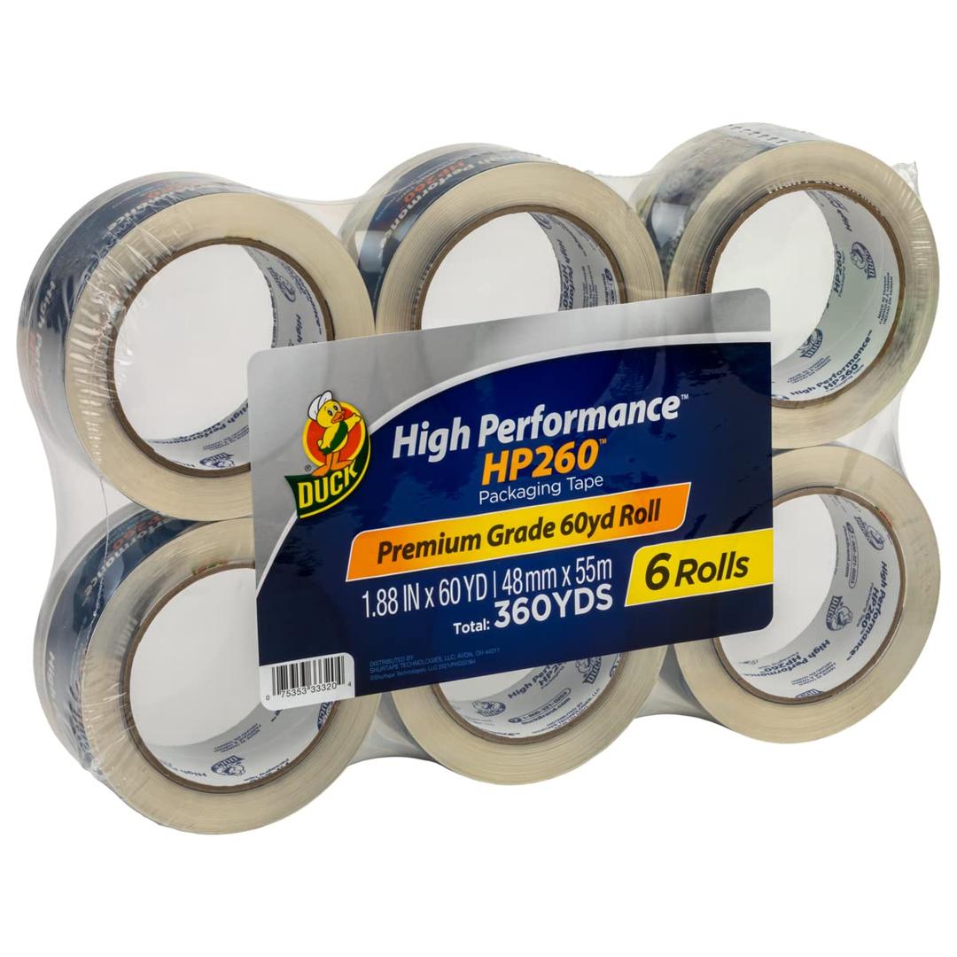 Duck High Performance Clear Packing Tape Refills - 6 Rolls of HP260 Strong Packaging Tape for Shipping, Moving, Mailing & Storage Boxes - 3" Core, 1.88 Inch x 60 Yards, Clear 