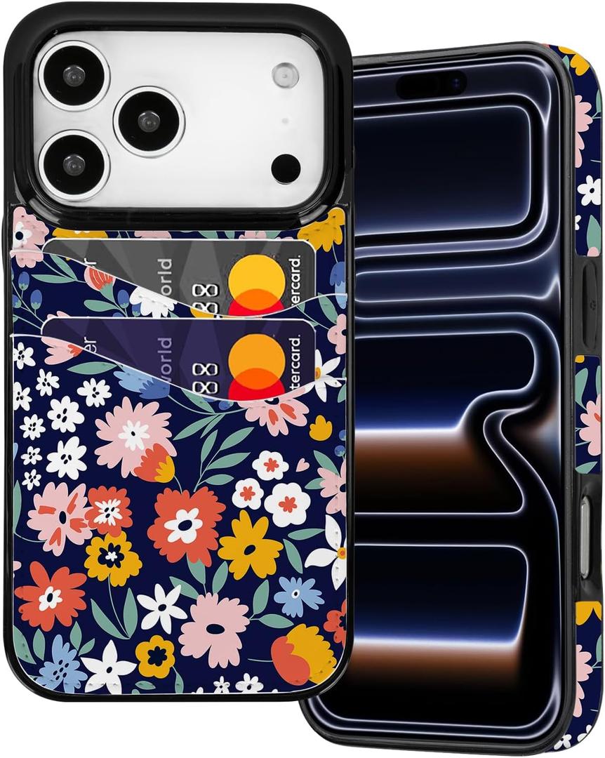 For iPhone 17 Pro Wallet Case Card Holder Slot Slim Cute Design Soft Leather Protective Phone Case with 2 Credit Card Pockets Cover for 6.3 inch for Women Girls,Blue Floral