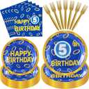 96 Pcs Cartoon Blue With Gold Ring 5th Birthday Party Supplies Gold Ring Birthday Party Plates Disposable Cartoon Theme Paper Tableware Set for 5 Years Old, Serves 24