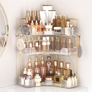 Corner Bathroom Counter Organizer 3-Tier Bathroom Organizer Countertop with Hooks Perfume Organizers Storage Shelf for Makeup & Skincare Dresser-Clear