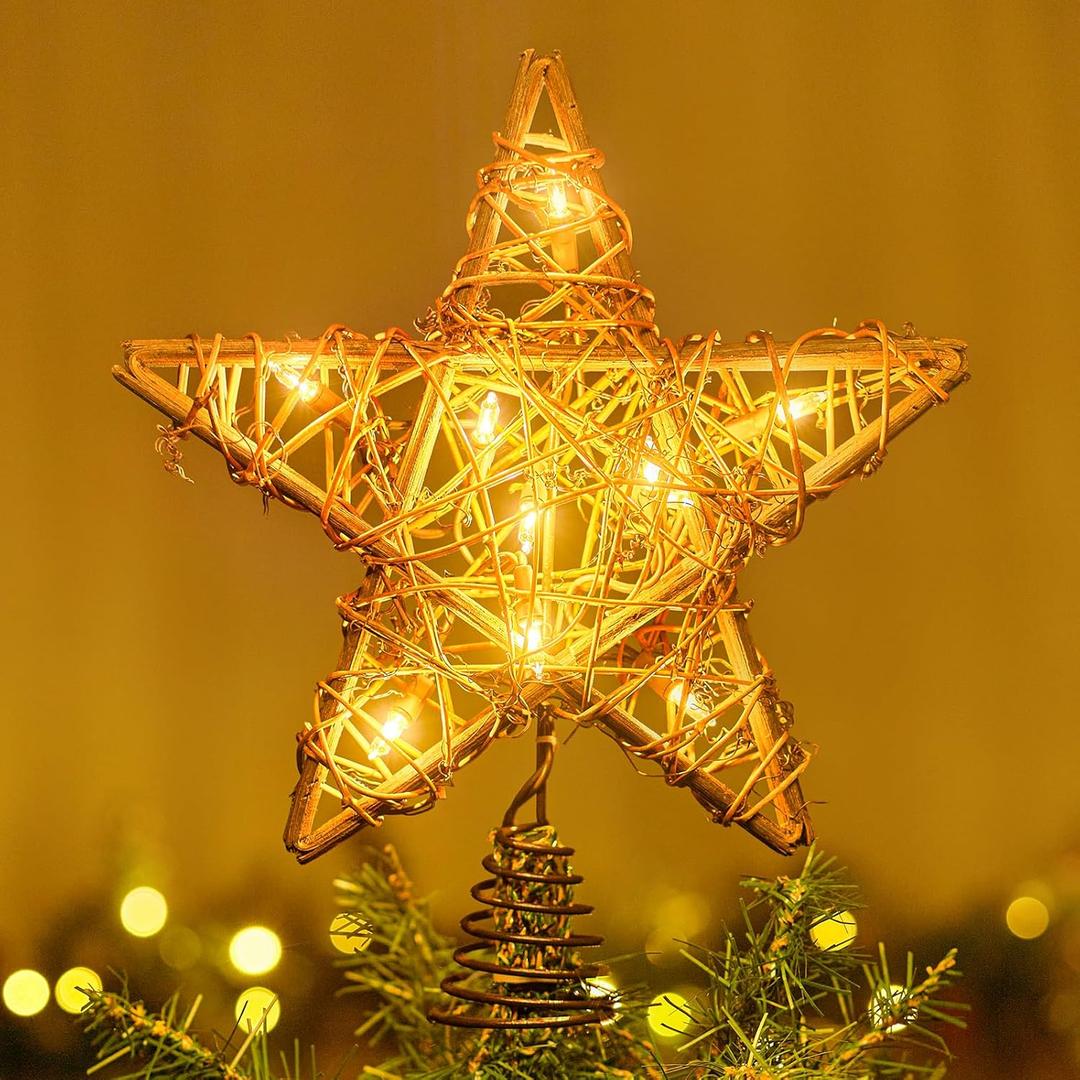Brightown Christmas Tree Topper Star Lighted Plug in 3D Rustic Rattan Natural Farmhouse Built-in 10 Bulbs Christmas Tree Star Topper Classic Vintage Indoor Xmas Decorations Ornament Holiday Home Decor