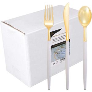 I00000 144Pcs Gold Plastic Silverware, Gold Plastic Utensils Set,Disposable Utensils Heavy Duty,Disposable Silverware Set Includes 48 Forks,48 Knives,48 Spoons for Wedding & Party (White)