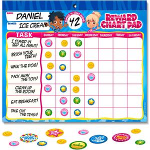 Behavior Reward System - Pad with 15 Chore Charts for Kids, 850 Stickers to Motivate Responsibility & Good Habits