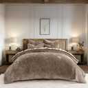 EVERGRACE Velvet Quilt Set Queen Size, Luxurious Soft Striped Channel Bedding Set, Lightweight Velvet Comforter for All Season, Oversized Bedspread Coverlet with 2 Matching Shams, Mocha Brown, Full/Queen