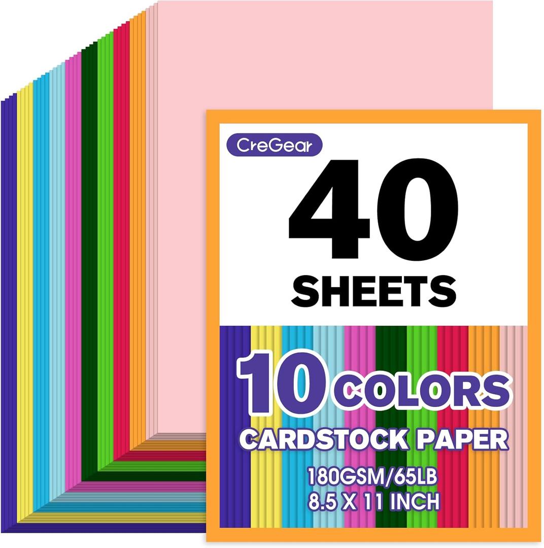 CreGear 40 Sheets Colored Cardstock Printer Paper 8.5 x 11, 10 Assorted Colors Card Stock, 180gsm/65lb Multicolor A4 Colorful Construction Paper for Crafting, Christmas DIY Card Making, Scrapbooking