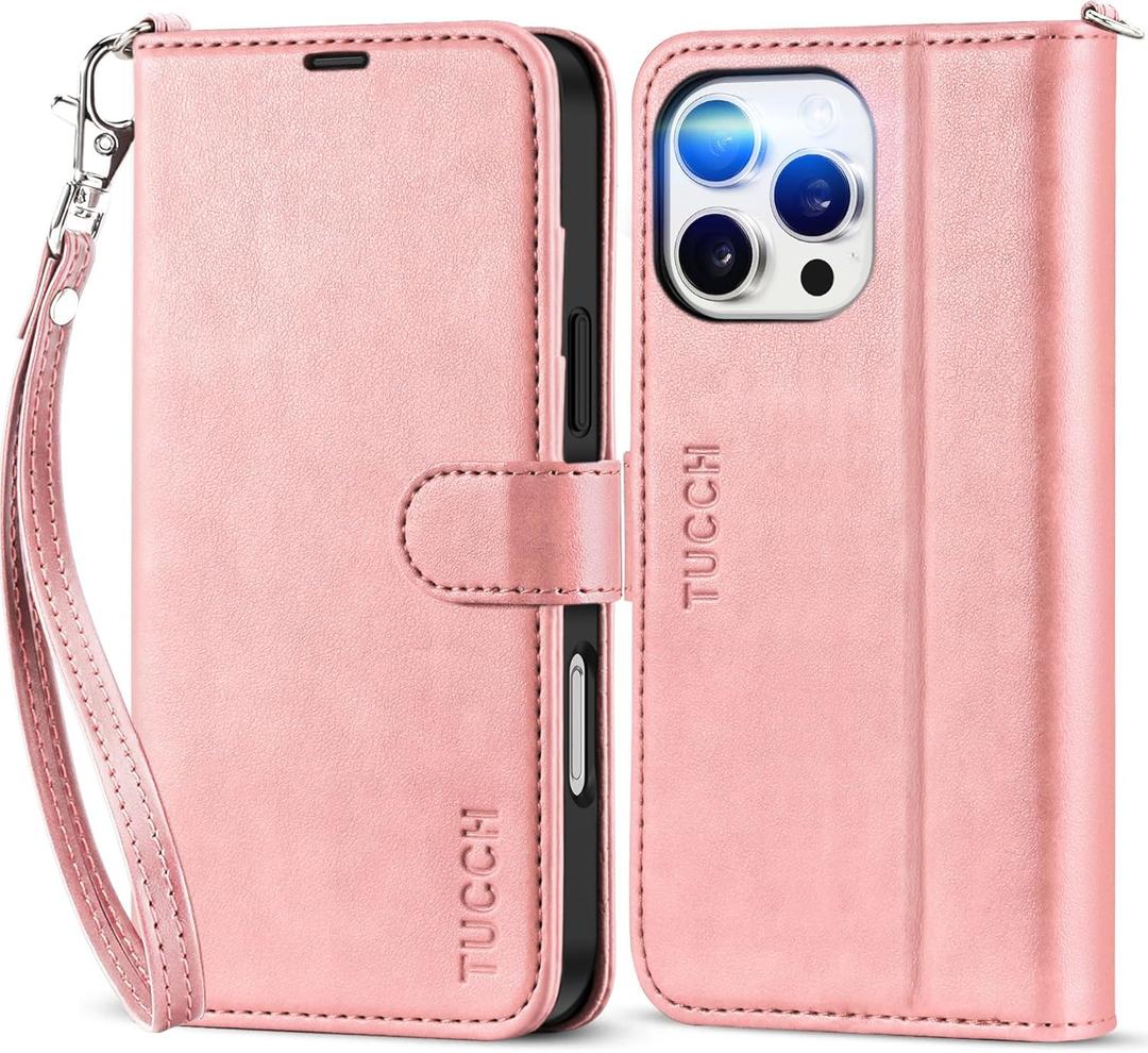 TUCCH Wallet Case for iPhone 16 Pro Max, [Wrist Strap] Kickstand RFID Blocking 4 Card Slots, Magnetic PU Leather Shockproof TPU Shell Compatible with iPhone 16 Pro Max 5G, Rose Gold with Wristlet