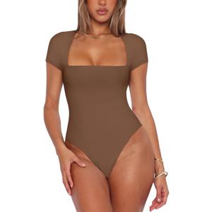 REORIA Womens Sexy Square Neck Double Lined Shirt Stretchy Basic Short Sleeve Going Out Thong Bodysuit Tops (Small, Coffee)