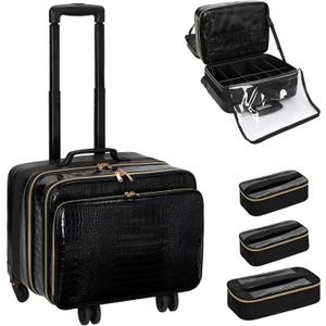 OCHEAL 18 Inch Rolling Makeup Train Case, Extra Large Travel Cosmetic Organizer Storage Trolley with Wheels, 3 Layers & 3 Travel Makeup Bags Carry On for Hairstylist Cosmetology Artist