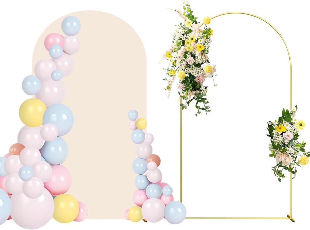 6FT Wedding Arch Backdrop Stand and Beige Arch Cover, Beige Spandex Fitted Backdrop Cover and Gold Wedding Arch Frame for Birthday Party Wedding Ceremony Bridal Baby Shower, Parties Decoration